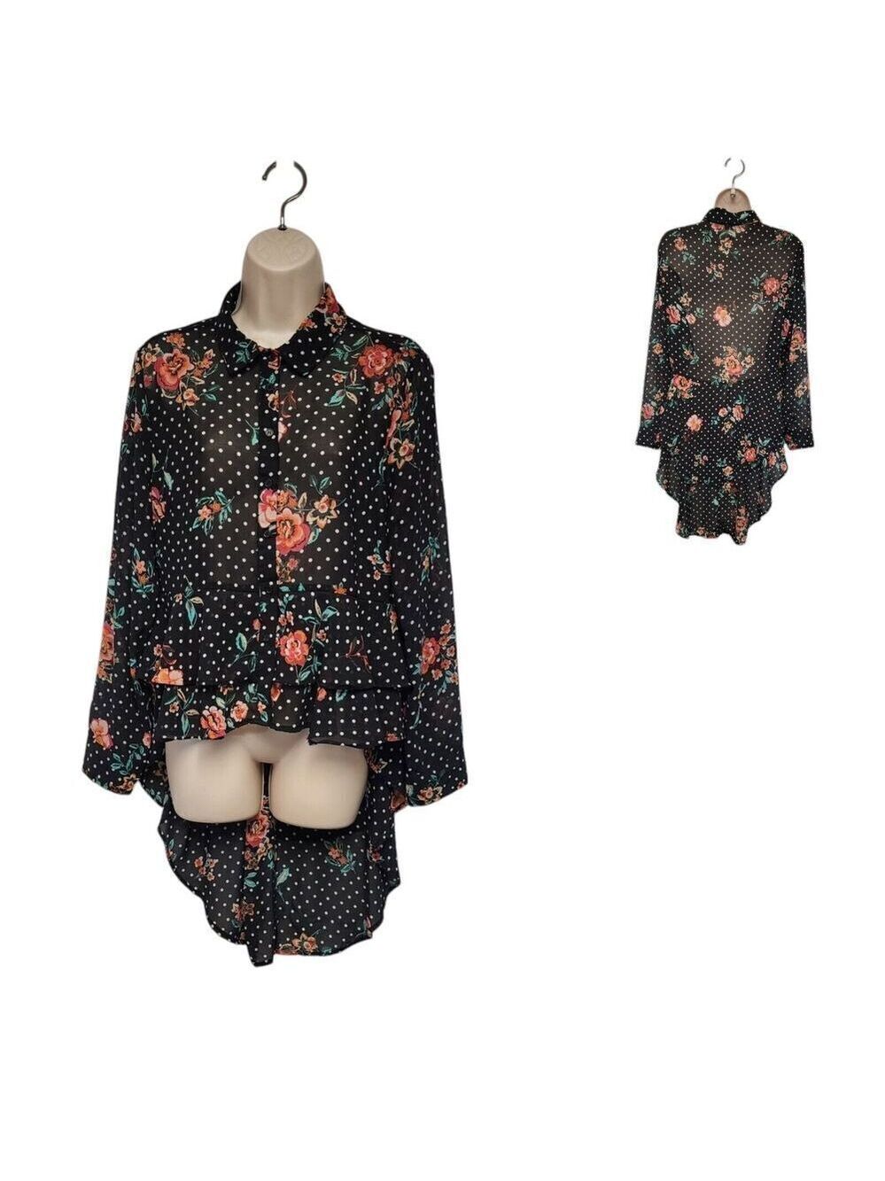 Star Style Polka-Dots Floral Sheer Lo-Hi Peplum Long Sleeve Blouse Multi-Black L